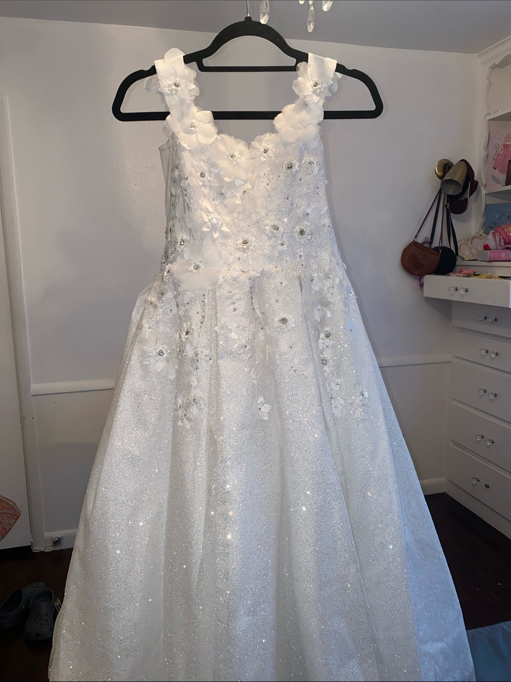 Dancing Queen White Sparkle Floral Applique Formal Dress